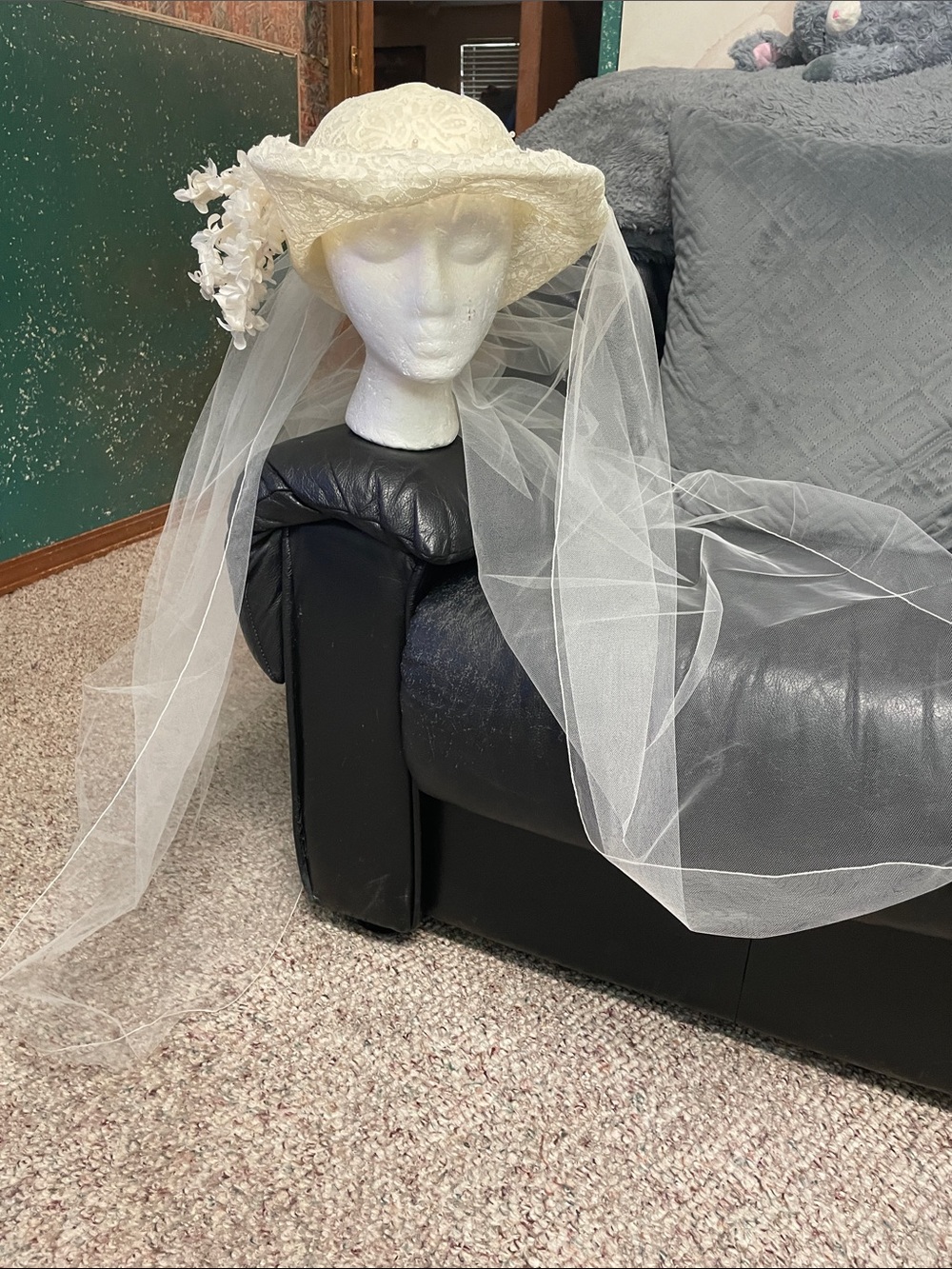 Vintage lace floral accent wire brimmed bridal hat with attached long veil